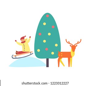 Christmas tree reindeer kid on slope vector. Evergreen pine decorated with balls and garlands toys. Animal and kid sitting on sledges riding downhill