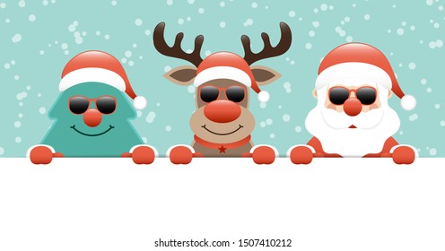 Christmas Tree Reindeer And Santa Claus Sunglasses Banner Snow Turquoise