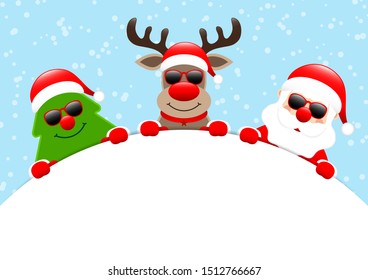 Christmas Tree Reindeer And Santa Claus Sunglasses Round Banner Snow Blue