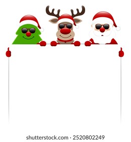 Christmas Tree Reindeer and Santa Sunglasses Holding Sign Dark Red