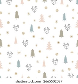 Árvore de Natal, renas, flocos de neve vetor sem emenda padrão. Xams design de superfície de férias. Feliz Natal de pinheiros, cervos de renas e cristais de neve. Allover imprimir fundo texturizado Christmassy