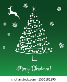 Christmas tree representing christmas vibes along with snow flakes and flying deer 