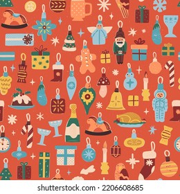 Christmas tree retro balls, vintage baubles seamless pattern. Cute hand-drawn repeat with Christmas or New Year night decorations, symbols, Santa Clause bauble, nutcracker toy, champagne, candy cane.