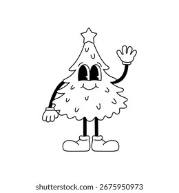 Personagem retrô árvore de Natal. Ilustração de contorno de vetor para colorir páginas. Mascote groovy bonito e engraçado para férias