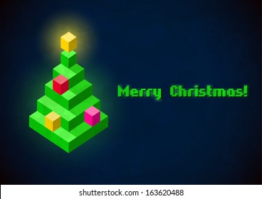 Christmas tree retro digital card with baubles made of 3D pixels