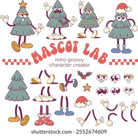 Christmas tree retro groovy character creation kit, mascot parts