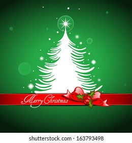 Christmas tree, ribbon and bow in front of the green background