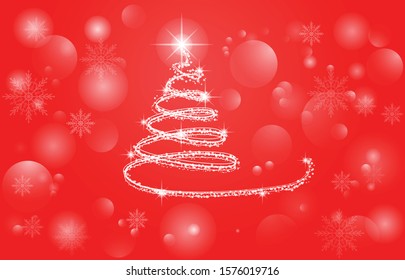 Christmas tree ribbon on red background with snowflakes