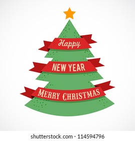 Christmas tree with ribbons and text space