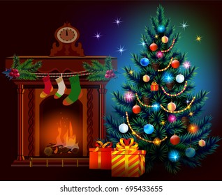 Christmas tree in the room with a fireplace. New Year and Merry Christmas interior.