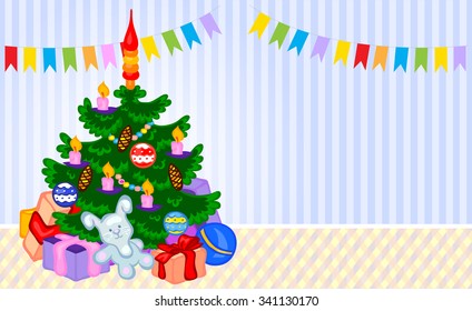 Christmas tree in a room. Vector cartoon illustration