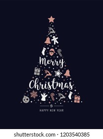 christmas tree rose gold icon elements lettering blue background