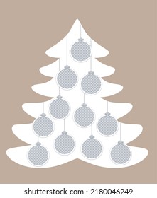 Christmas tree with round Christmas balls. Vertical template with 11 Photo frames. Mockup on beige background. Vector Holiday collage. New Year card EPS10. 