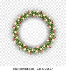 Christmas tree round border with green fir branches, red berries and gold lights isolated on transparent background. Pine, xmas evergreen plants frame or circle banner. Vector ring garland decoration