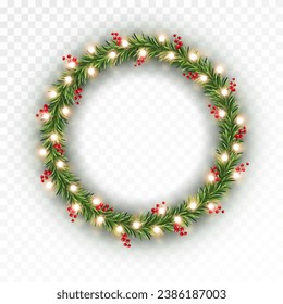 Christmas tree round border with green fir branches, red berries and gold lights isolated on transparent background. Pine, xmas evergreen plants circle frame . Vector ring string garland decor