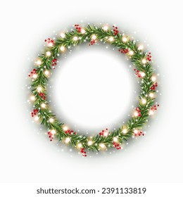 Christmas tree round border with green fir branches, red berries and gold lights isolated on white background. Pine, xmas evergreen plants circle frame . Vector ring string garland decor