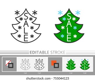 Christmas tree sale banner linear icon. Line without, with color fill. Editable stroke, fill, background. Outline sign. Web, print, logo, tag, label season clearance design Vector simple sign isolated