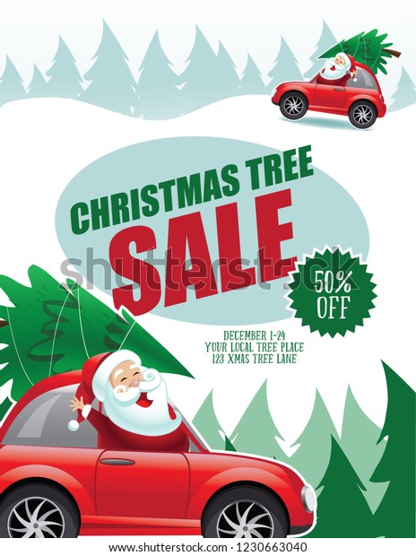 Christmas tree sale banner template with\
cartoon Santa Claus driving a cute car with his new Christmas tree\
tied to the top. Eps10 vector\
illustration.