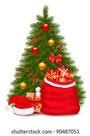 Christmas tree and santa bag with gifts. Vector illustration.