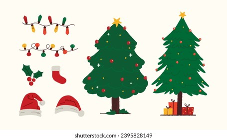 Árbol de Navidad, Santa Gorra, Luces, Caja de Regalo, Navidad, elementos editables conjunto de vectores 