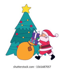 christmas tree and santa claus with the bag of gifts over white background, vector illustration