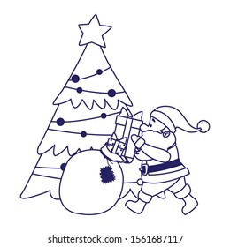 christmas tree and santa claus with the bag of gifts over white background, vector illustration