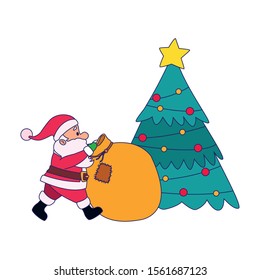 christmas tree and santa claus with big bag over white background, vector illustration