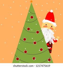 Christmas tree and Santa Claus. Cute Santa looks out from behind the Christmas tree.Vector Illustration, design for greeting card, banner, poster.