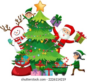 Christmas tree with Santa Claus and elves illustration
