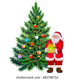 Christmas tree and Santa Claus with gift box vector illustration isolated on white.