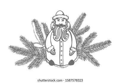 Christmas tree and Santa Claus. Hand drawn illustration. New year and Christmas design elements. Greeting card invitation with xmas graphic. Vintage illustration.