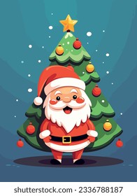 Christmas tree and Santa claus on white background. Vector illustration for retro christmas card.