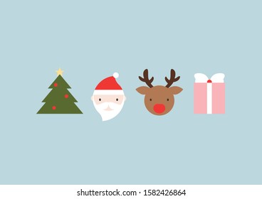 Christmas tree, Santa Claus, Reindeer and Gift in vector style.