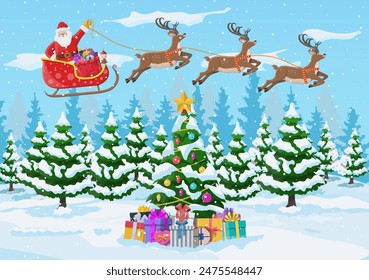 Christmas tree, santa claus with reindeer and sleigh. Winter landscape with fir trees forest and snowing. Happy new year celebration. New year xmas holiday. Vector illustration flat style