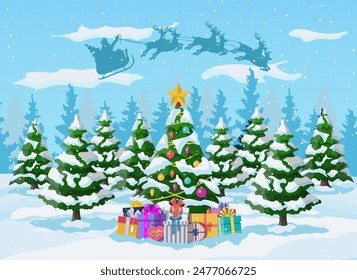 Árbol de Navidad, Papá Noel con renos y trineo. Paisaje invernal con bosque de abetos y nieve. Feliz año nuevo. Nuevo año de vacaciones de navidad. estilo plano de Ilustración vectorial