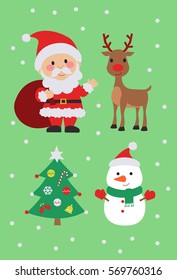 Christmas tree, Santa Claus, Snowman, and Reindeer