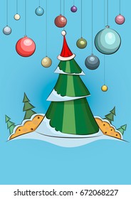 Christmas tree in santa hat and Christmas decorations  