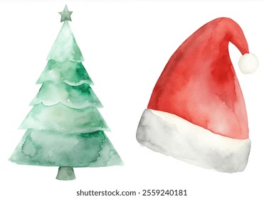 A Christmas tree and a Santa hat are shown in a watercolor painting. The tree is green and the hat is red. The painting has a festive and joyful mood, as it is a representation of the holiday season