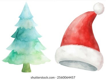 A Christmas tree and a Santa hat are shown in a watercolor painting. The tree is green and the hat is red. The painting has a festive and joyful mood, as it is a representation of the holiday season