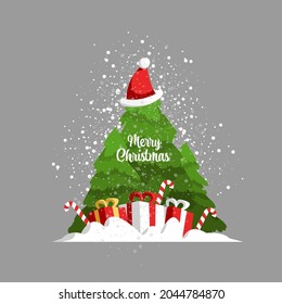 ein Weihnachtsbaum in einem Weihnachtsmütze. Vektorgrafik von Weihnachten. neues Jahr. Grußeinschrift