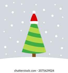 Weihnachtsbaum im Weihnachtsmütze im Winter. Vektorgrafik.