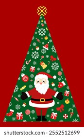 Christmas tree with Santa and many presents . Vector illustration.