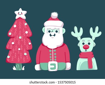 Christmas tree, santa and reindeer cute illustration
