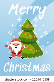 Christmas tree and Santa vector illustration. For invitations, signs, leaflets, posters, postcards. Merry Christmas