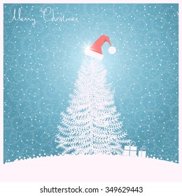 Christmas tree with Santa's hat.Vector greeting card illustration