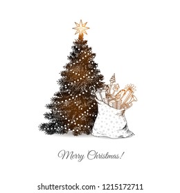 Christmas tree and Santa's sack full of gifts. Christmas card on white background
