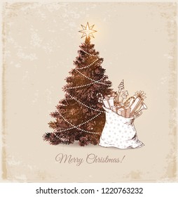 Christmas tree and Santa's sack full of gifts. Christmas card