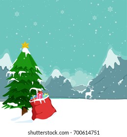 Christmas tree, and Santa's sack with full of gifts, Winter Background.