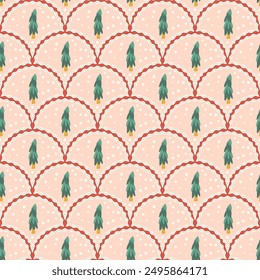 Patrón sin fisuras de vieira de árbol de Navidad. Feliz Año Nuevo repetir fondo. Festiva temporada interminable diseño. Vector dibujado a mano ilustración plana.