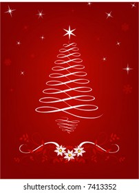 Christmas tree scrolled on red background with stars and three poinsettia blooms on floral scrolled border at base.